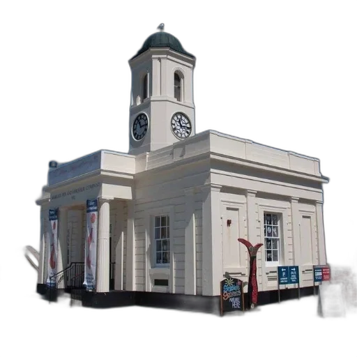 building, 3d render, photorealistic, city street, white, clock, tower, banners transparent PNG cut-out