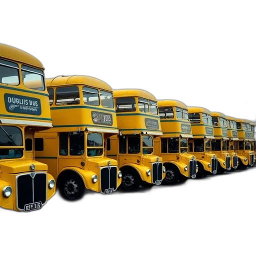 3d render, concept art, photorealistic, row, yellow, double-decker, buses, parked transparent PNG cut-out