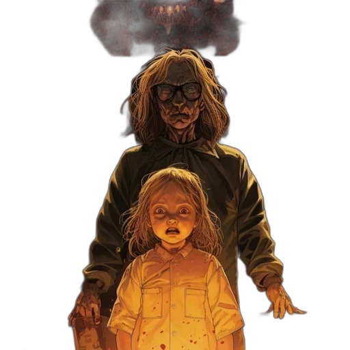 comic book art, concept art, fire, golden, menacing, fiery, face, looms transparent PNG cut-out