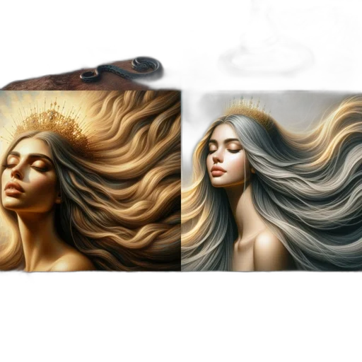 hair, face, photorealistic, oil painting, fantasy art, concept art, earth tones, golden transparent PNG cut-out