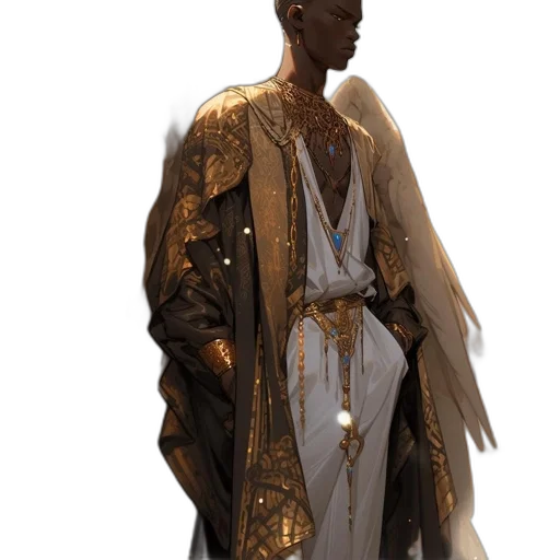 jacket, staff, jewelry, sword, concept art, 3d render, photorealistic, golden transparent PNG cut-out
