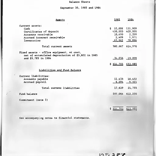 balance, sheets, september, 1985, 1984, assets, current, cash transparent PNG cut-out
