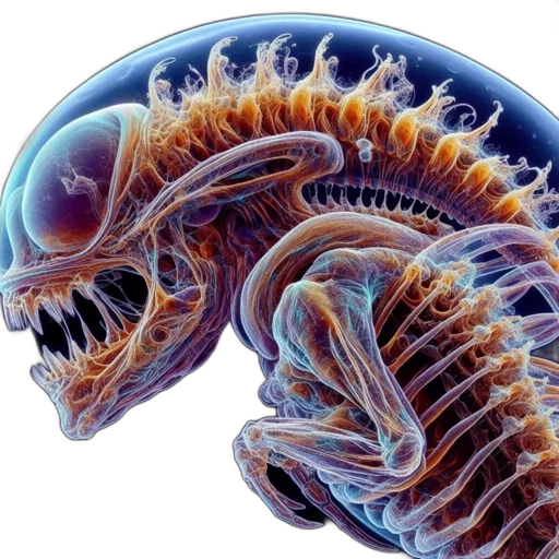 creature, animal, dragon, hair, concept art, outer space, illuminated, anatomically transparent PNG cut-out