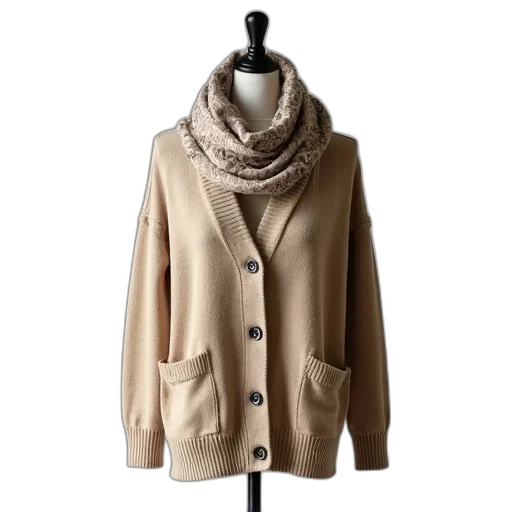 jacket, earth tones, beige, cardigan, patterned, scarf, draped, over transparent PNG cut-out
