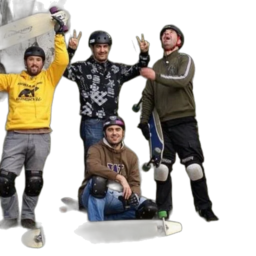 staff, jacket, group, skateboarders, pose, photo, park, one transparent PNG cut-out