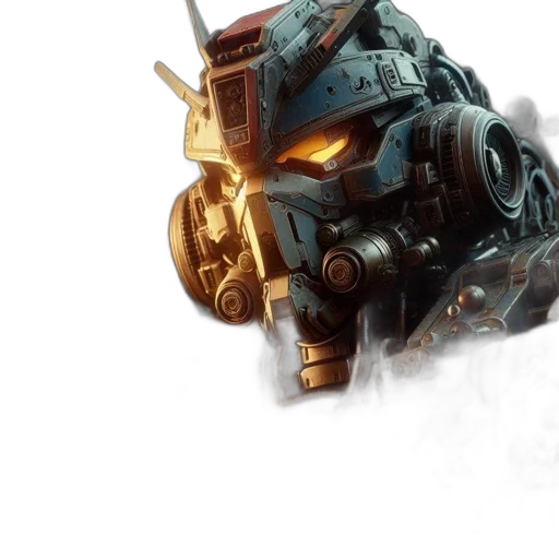 robot, weapon, mask, concept art, fantasy art, cyberpunk, 3d render, golden transparent PNG cut-out