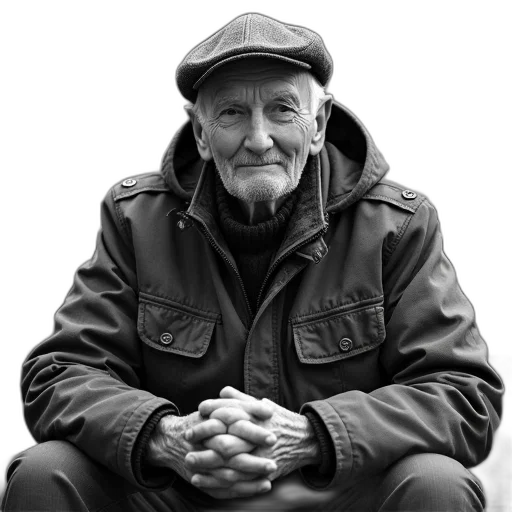 jacket, face, hat, black, white, photograph, elderly, man transparent PNG cut-out