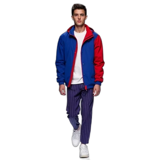 jacket, colorful, blue, neon, monochrome, young, man, walking transparent PNG cut-out