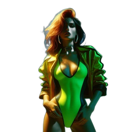 jacket, dress, comic book art, concept art, pixel art, 3d render, neon lights, green transparent PNG cut-out