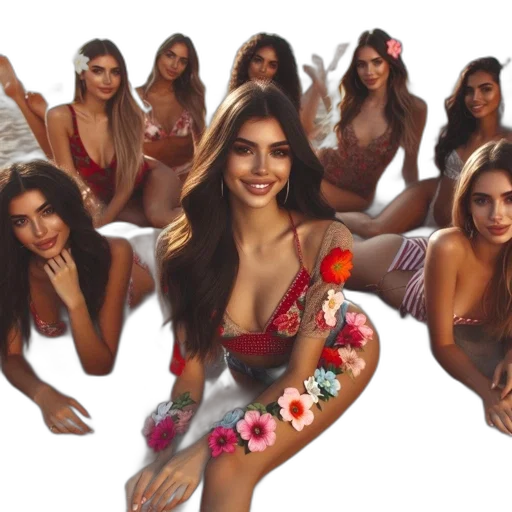 flower, jewelry, photorealistic, group, young, women, colorful, swimsuits transparent PNG cut-out