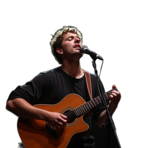 crown, photorealistic, male, guitar, singing, into, microphones transparent PNG cut-out