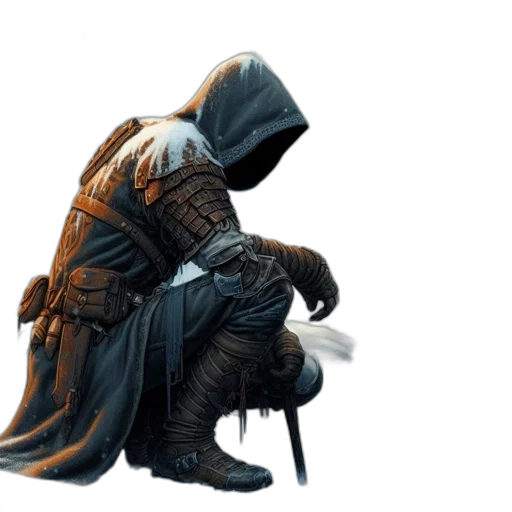 jacket, mask, sword, weapon, concept art, fantasy art, pixel art, dark transparent PNG cut-out