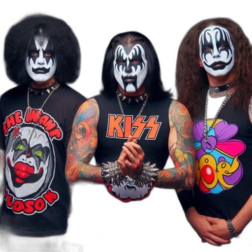 three, individuals, dressed, like, members, kiss, band, makeup transparent PNG cut-out