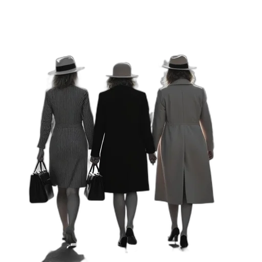 hat, dress, 3d render, concept art, photorealistic, city street, black, white transparent PNG cut-out