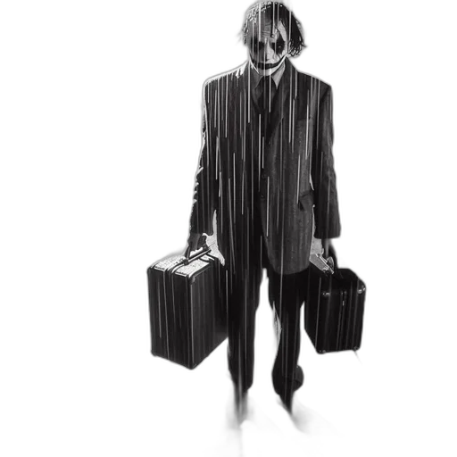 jacket, concept art, man, joker-like, painted, face, stands, doorway transparent PNG cut-out