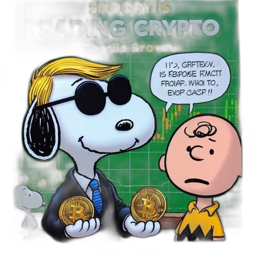comic book art, cartoon, snoopy, suit, sunglasses, holds, bitcoin, peanuts transparent PNG cut-out