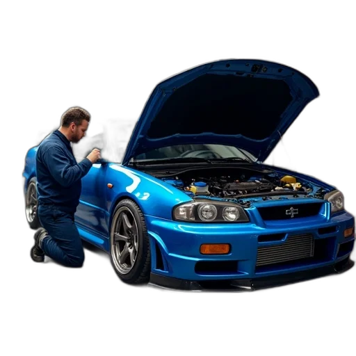 car, photorealistic, blue, mechanic, working, hood, open, surrounded transparent PNG cut-out