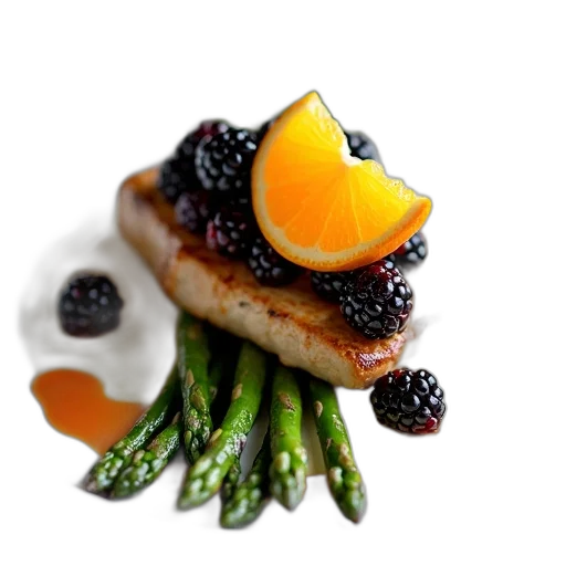 food, photorealistic, plate, asparagus, spears, piece, meat, topped transparent PNG cut-out