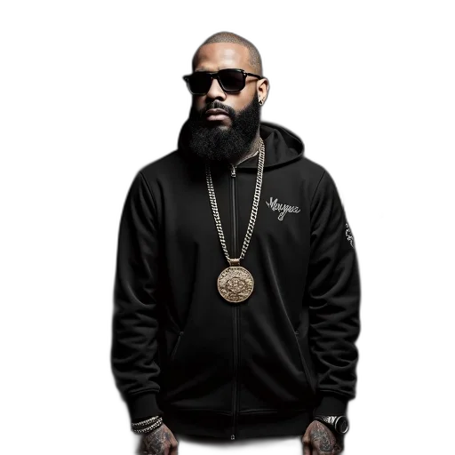 jacket, man, beard, tattoos, wearing, sunglasses, black, gold transparent PNG cut-out