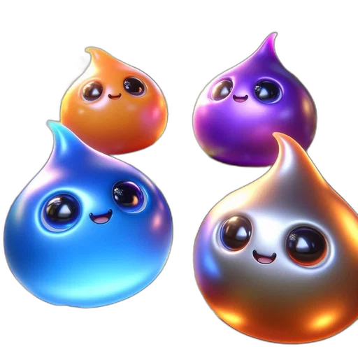 concept art, 3d render, colorful, three, vibrant, droplet-shaped, creatures, explore transparent PNG cut-out