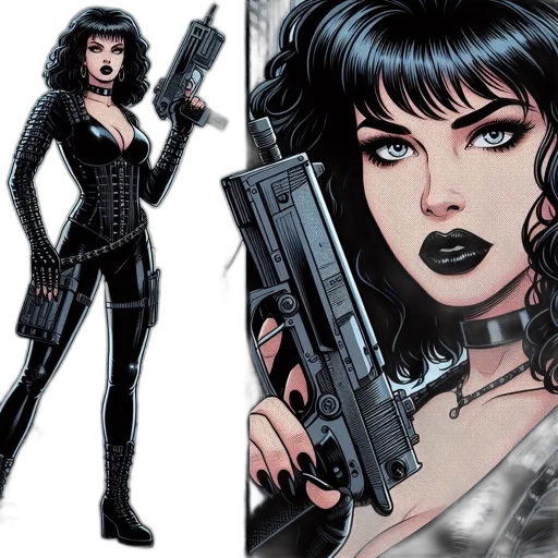 comic book art, concept art, cartoon, woman, black, outfit, dark, hair transparent PNG cut-out