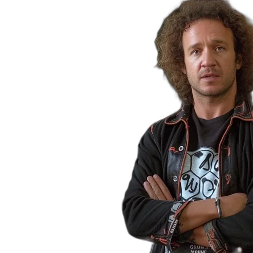 jacket, man, curly, hair, stands, rustic, room, chalkboard transparent PNG cut-out