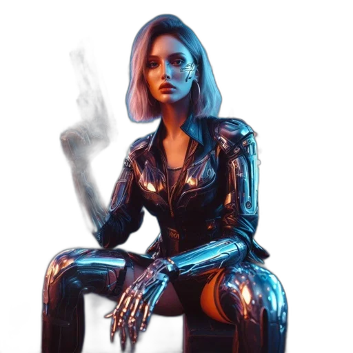 robot, jacket, face, cyberpunk, concept art, comic book art, 3d render, neon lights transparent PNG cut-out