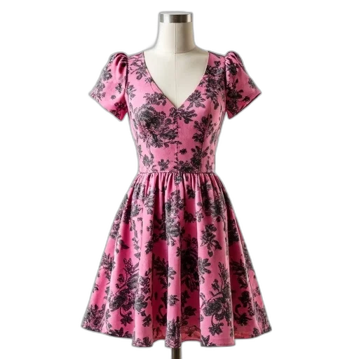 dress, mannequin, dressed, pink, black, floral, patterned, fitted transparent PNG cut-out