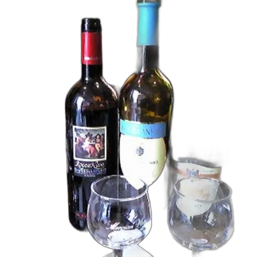 bottle, 3d render, variety, wine, bottles, glasses, displayed, table transparent PNG cut-out