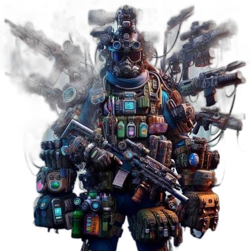 robot, weapon, staff, concept art, cyberpunk, pixel art, fantasy art, blue transparent PNG cut-out