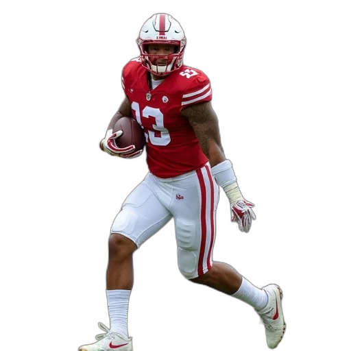 football, player, red, white, uniform, running, field, tucked transparent PNG cut-out