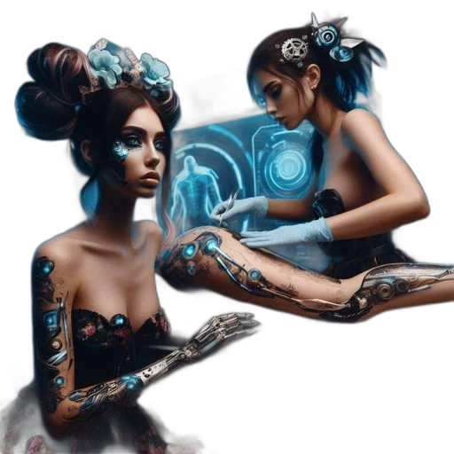 jewelry, robot, mask, dress, fantasy art, concept art, cyberpunk, comic book art transparent PNG cut-out