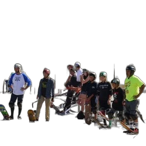 staff, group, skateboarders, wearing, helmets, standing, around, skate transparent PNG cut-out