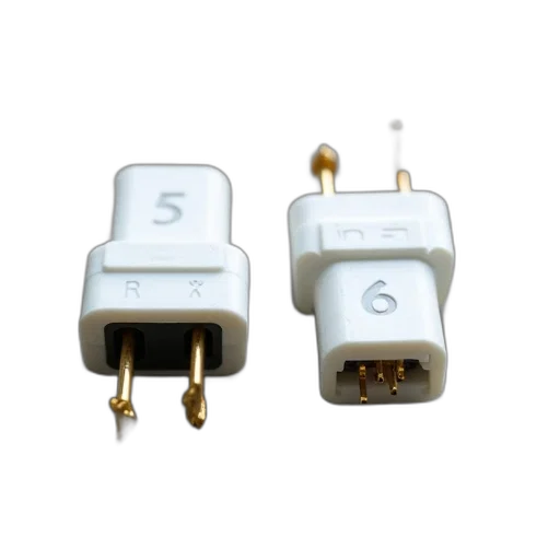 two, identical, white, electrical, connectors, gold, pins, lying transparent PNG cut-out
