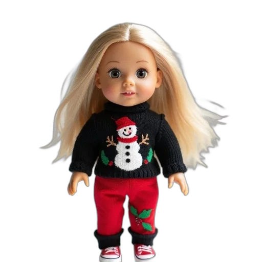 3d render, cartoon, doll, blonde, hair, wearing, black, sweater transparent PNG cut-out