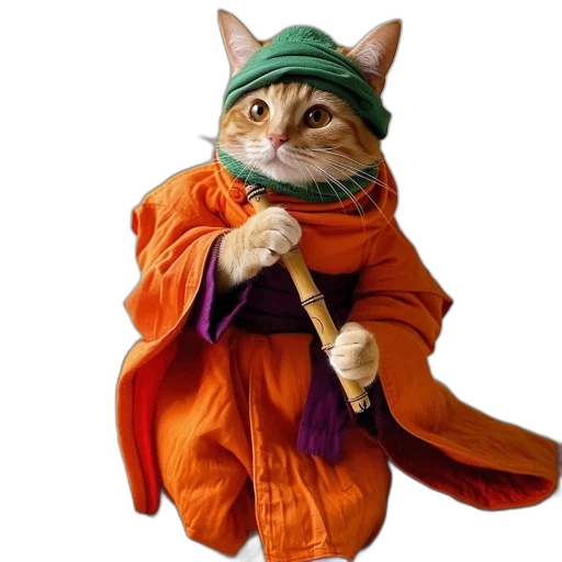 hat, jacket, animal, staff, photorealistic, cat, vibrant, orange transparent PNG cut-out