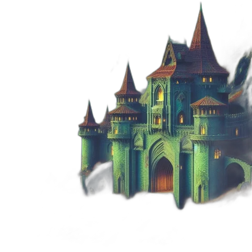building, crown, concept art, watercolor, fantasy art, pixel art, fog, green transparent PNG cut-out