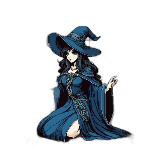dress, hat, staff, fantasy art, pixel art, concept art, anime, dark transparent PNG cut-out