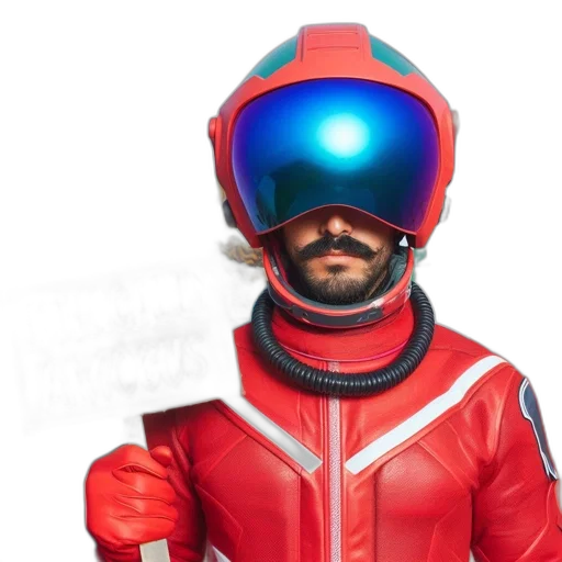 robot, mask, jacket, face, concept art, 3d render, comic book art, red transparent PNG cut-out