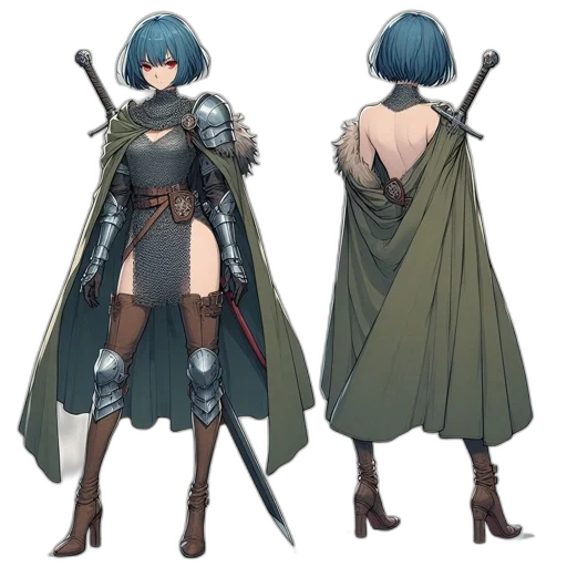 dress, sword, concept art, fantasy art, comic book art, anime, blue, earth tones transparent PNG cut-out