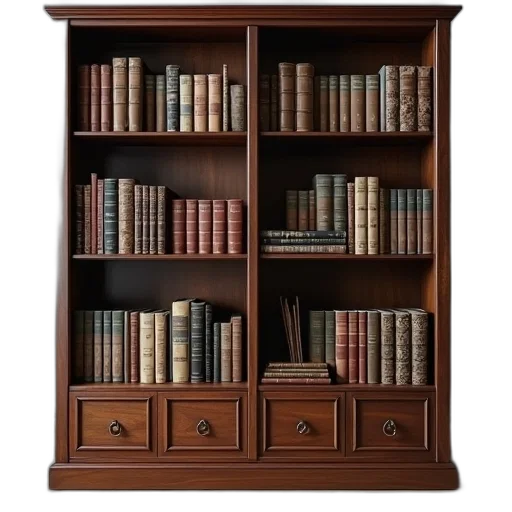 furniture, staff, wooden, bookshelf, filled, various, books, different transparent PNG cut-out