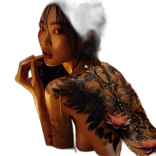 dragon, photorealistic, fantasy art, concept art, oil painting, fire, woman, tattooed transparent PNG cut-out