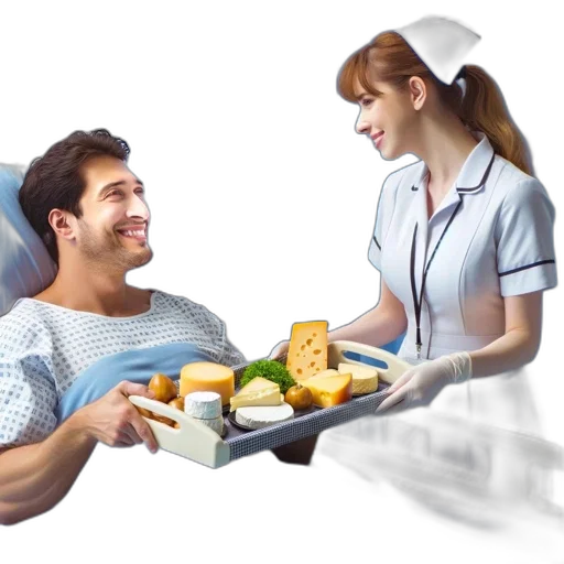 food, photorealistic, 3d render, hospital, room, patient, smiles, while transparent PNG cut-out