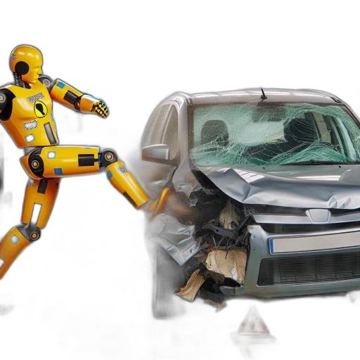 robot, car, silver, crashes, large, yellow, humanoid, dummy transparent PNG cut-out