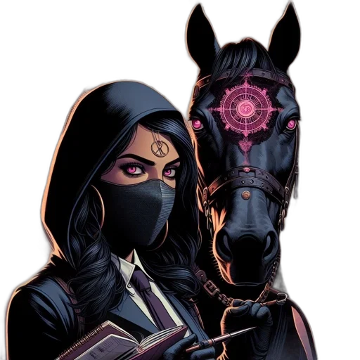 mask, comic book art, concept art, fantasy art, cyberpunk, dark, woman, hair transparent PNG cut-out