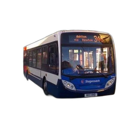 blue, white, stagecoach, bus, driving, down, street transparent PNG cut-out