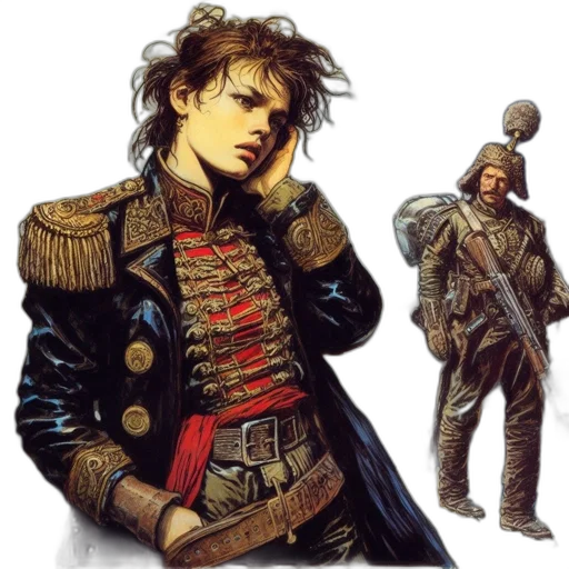 jacket, staff, sword, weapon, concept art, fantasy art, comic book art, photorealistic transparent PNG cut-out