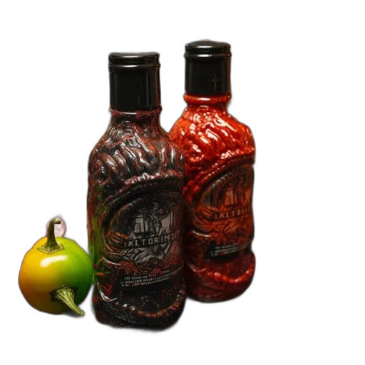 bottle, 3d render, two, multicolored, organic-textured, designs, showcase, intricate transparent PNG cut-out