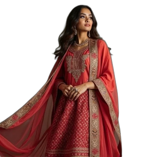 dress, red, woman, punjabi, salwar, kameel, long, shawl transparent PNG cut-out