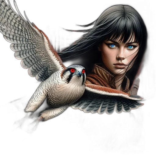 fantasy art, concept art, photorealistic, comic book art, young, woman, falcon, beside transparent PNG cut-out